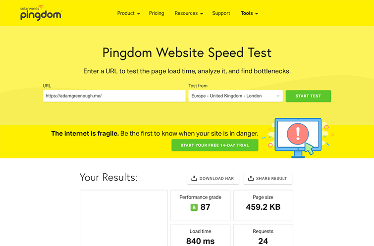 A screenshot of Pingdom Tools Website Testing Tool showing a good score for adamgreenough.me