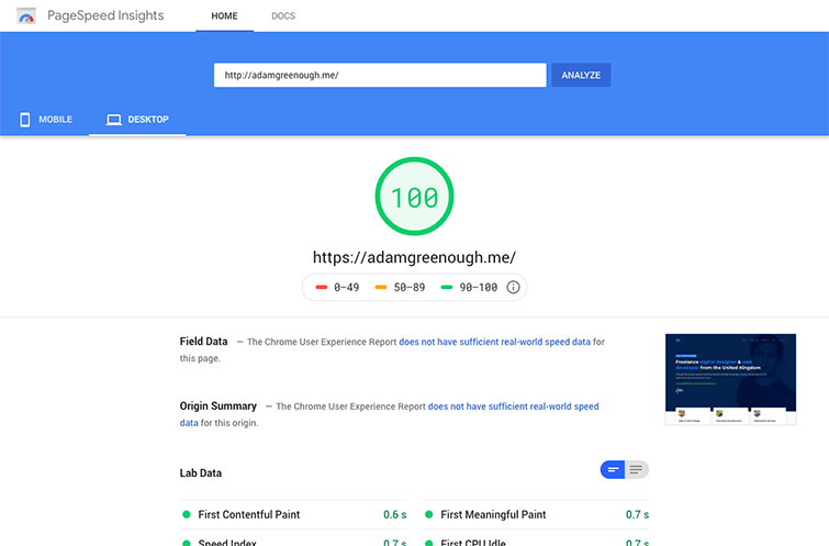 A screenshot of Google PageSpeed Insights website testing tool showing a perfect 100/100 score for adamgreenough.me